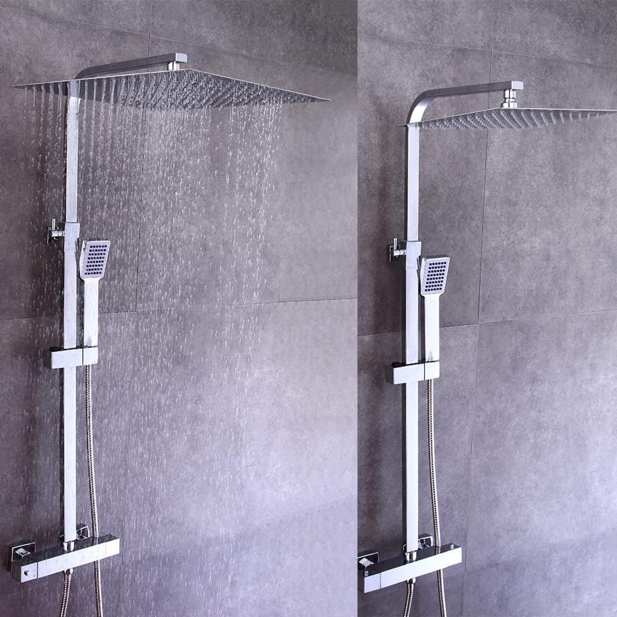 Douche met thermostaat, doucheset, regendouchekop met handdouche, regendouche, douchesysteem, douchearmatuur, douchezuil, regendouche, doucheset, verstelbare douchekop, 40 x 40 cm