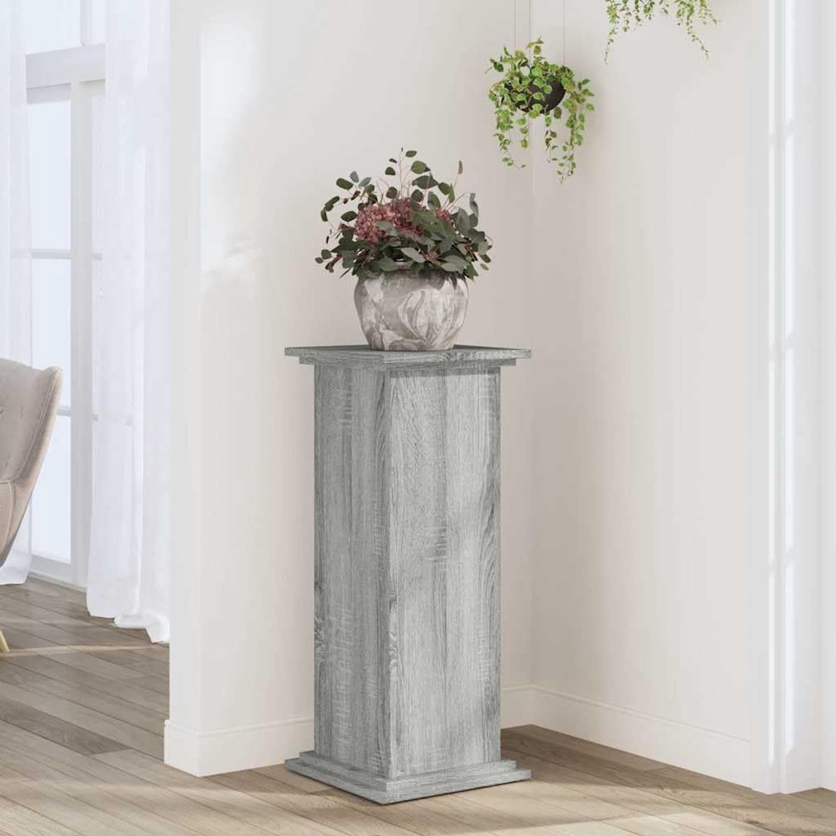 Grijs, Sonoma, 33 x 33 x 80 cm, bloemenstandaard van hout voor woonkamer