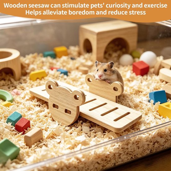 Hamsterhuis van hout, hamsterhuis, meerkamer met trap en wip, meerkamerhuis, hamsters, knaagdieren, cavia's, accessoires voor dwerghamsters, goudhamsters, kleine huisdieren — afbeelding 2