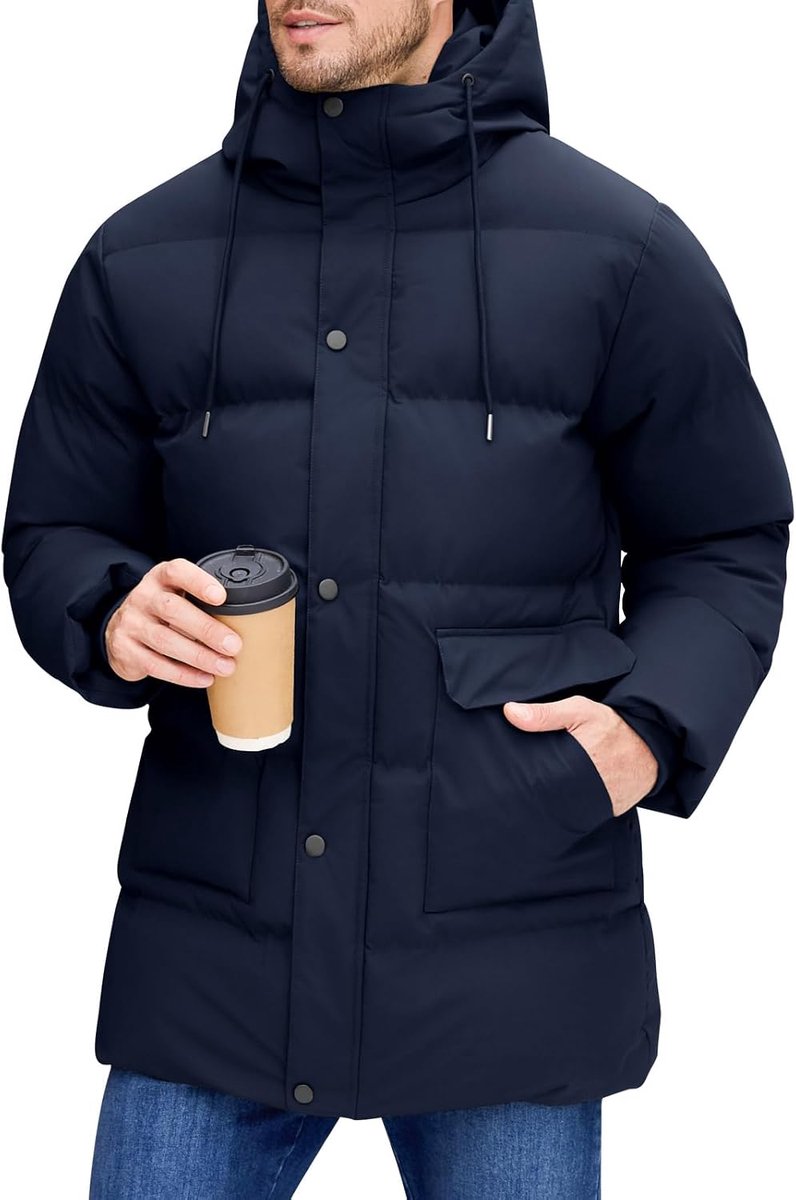 Lange winterjas voor heren, gevoerd, met capuchon, robuust, warm, casual, winddicht, met zakken