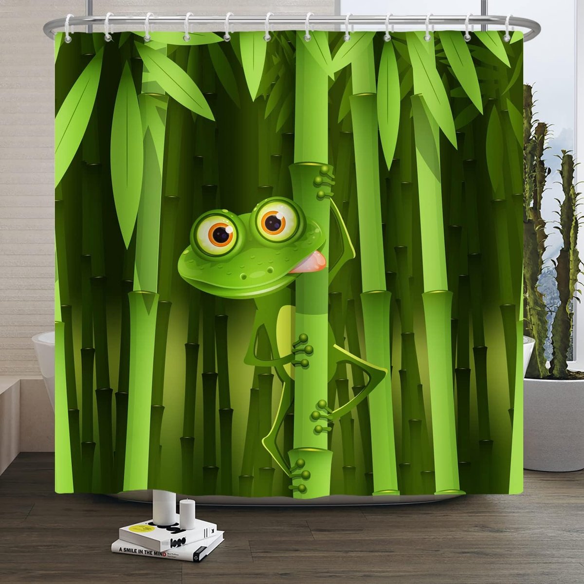 180 x 180 cm Leuke Kikker Douchegordijn Grappige Kikker Bamboe Cartoon Dier Abstracte Boom Bladeren Bad Gordijn Groen Bad Gordijn voor Kinderen Badkamer Stof Polyester Waterdicht met Haken