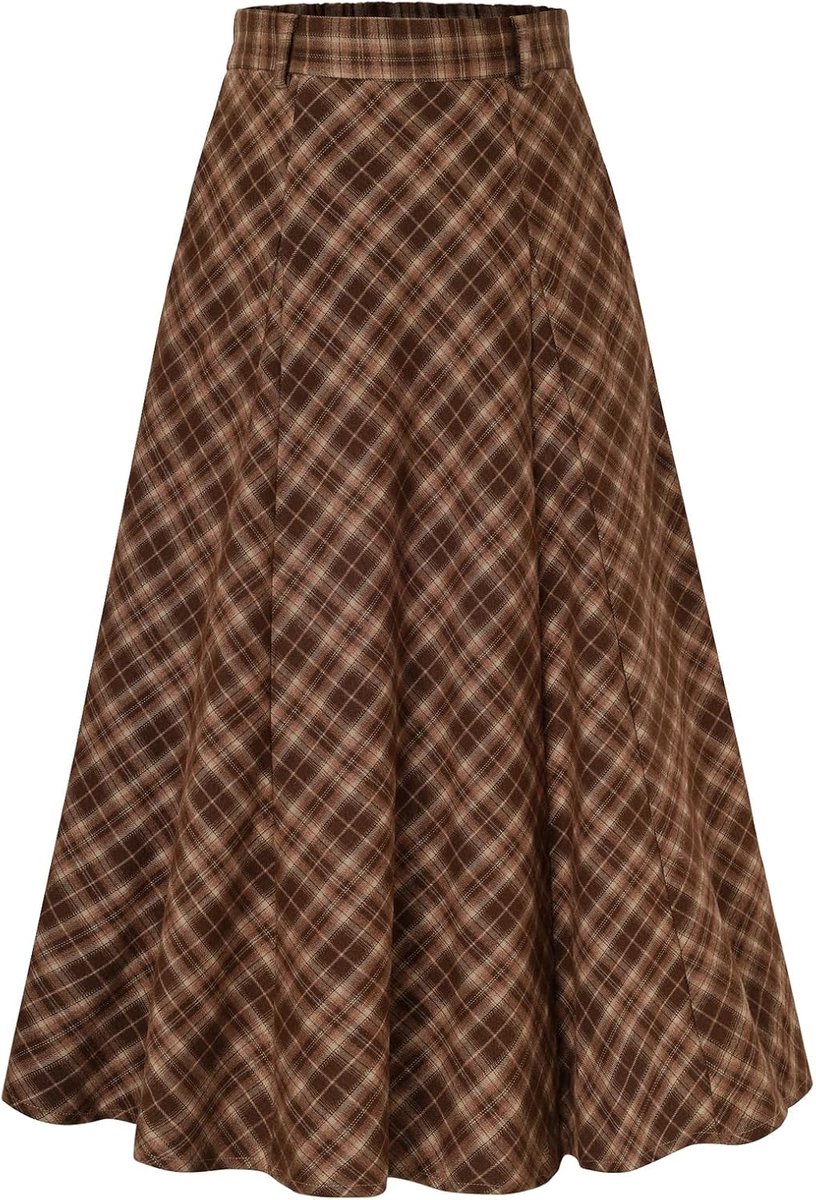 Kasin Damesrok, lange maxi-rok, geruit, hoog getailleerd, Schotse rok