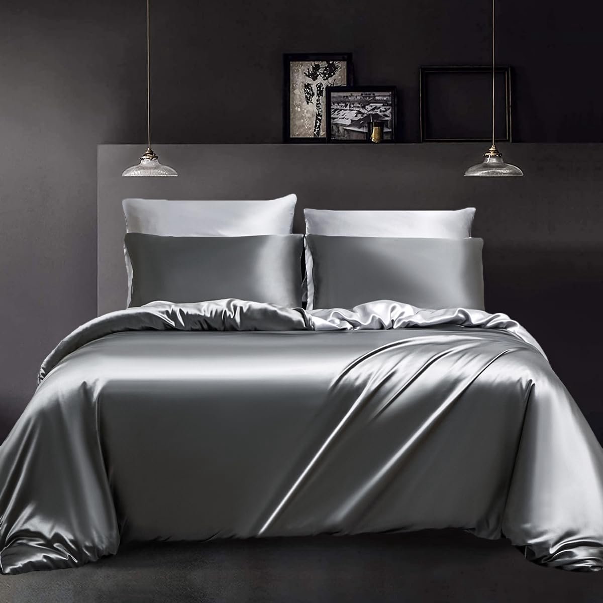 Beddengoed, 135 x 200 cm, grijs, donkergrijs, lichtgrijs, omkeerbaar beddengoed, satijn, glad, glanzend, luxueus, zacht, zijdeachtig, dekbedovertrek, 2-delig, met ritssluiting en