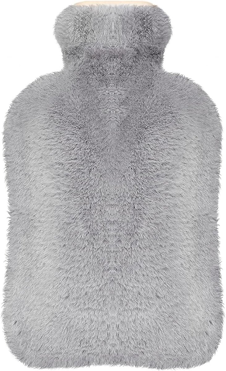 opamoo Warmwaterkruik met overtrek, 2 liter, groot, met pluizige zachte overtrek voor volwassenen en kinderen, voor buik-, rug- en nekpijnverlichting, grijs
