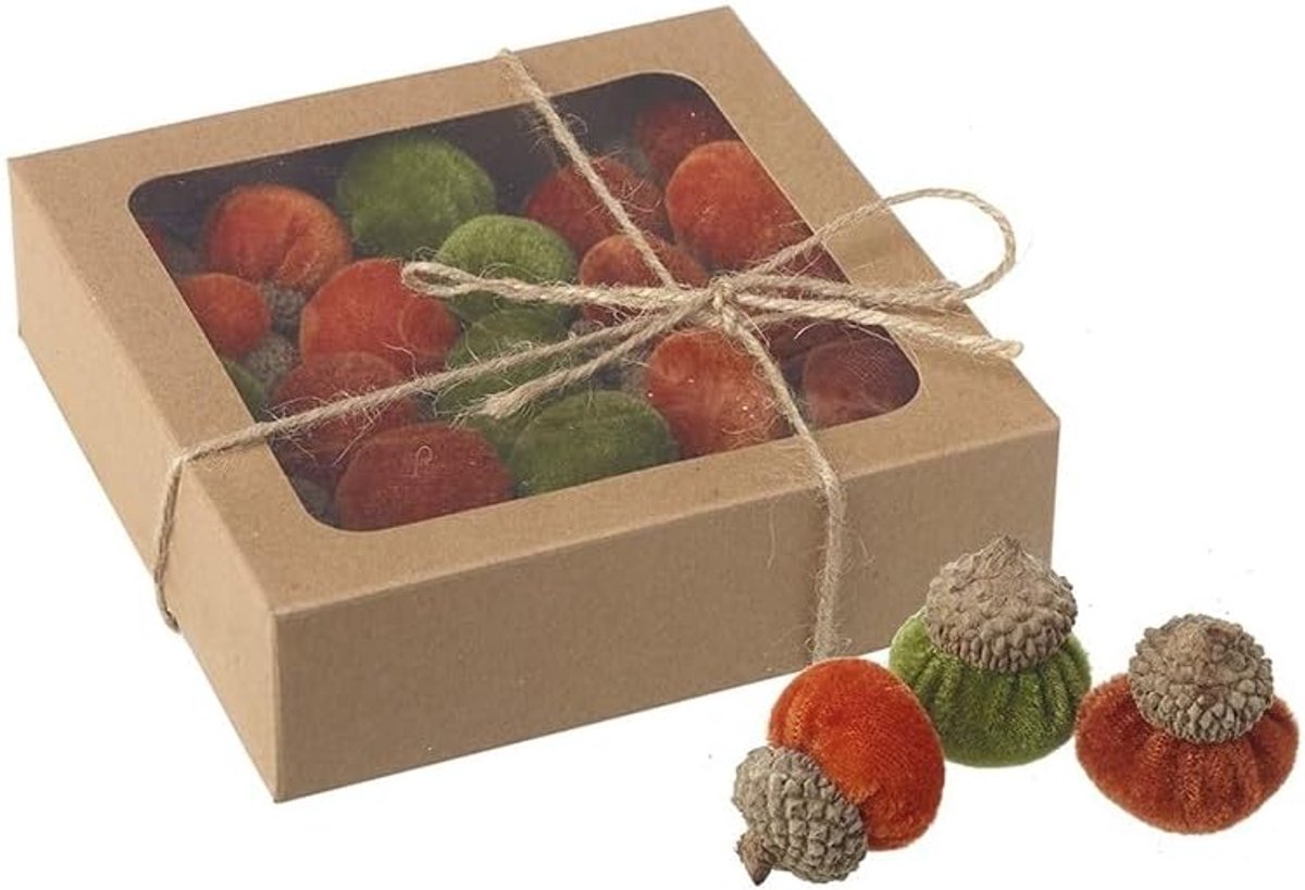 Sends Doos met decoratieve fluwelen eikels herfst - groen/oranje - herfst decoratie thema decor prop gebladerte - herfst decoratie - perfect voor thuis, keuken, woonkamer