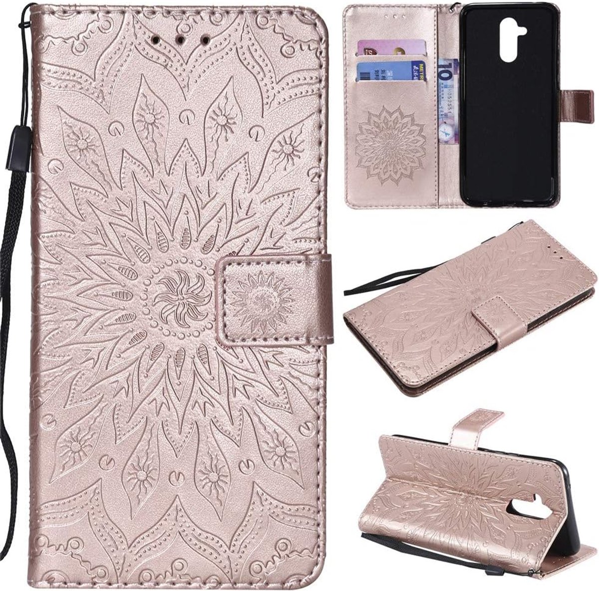 Telefoonhoes voor Huawei Mate 20 Lite, premium leer, flipcase, portefeuille, leren hoes, klaphoes, siliconen bumper, magnetische beschermhoes, telefoonhoes, roze-goud