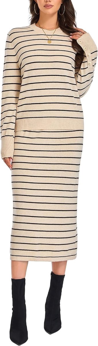 2-delige Trui en Rok Set - 100% Merinowol Gebreide Rokkenset met Gestreepte Crewneck Top en Rechte Rok, Herfstoutfit voor Vrouwen