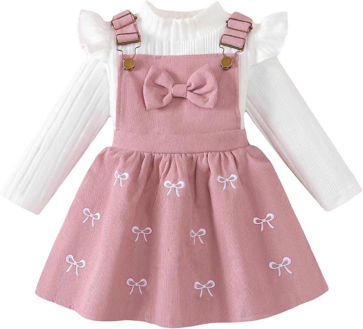 Kleding voor kleine kinderen, babymeisjes, lange mouwen, gebreid, geribbeld, strik, corduroy, bretelrok, jurk, outfits