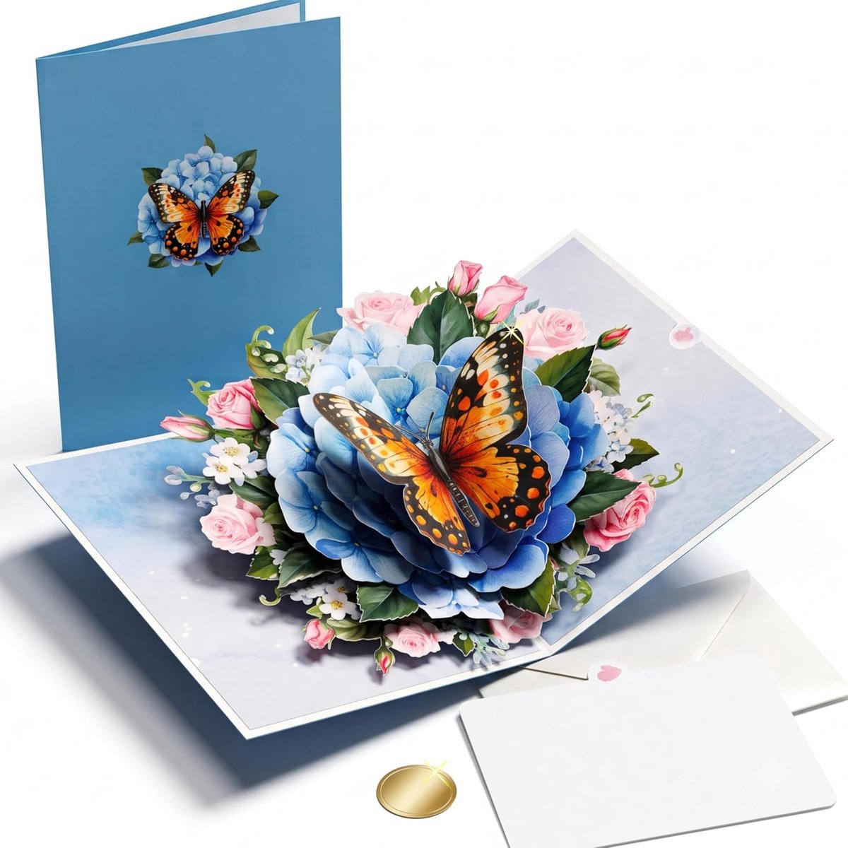 3D-geboortekaart vrouw met vlinder en bloemenmotief, hoogwaardige wenskaart als cadeau voor vrouwen, verjaardagskaart pop-up met envelop, schrijfkaart en goudzegel