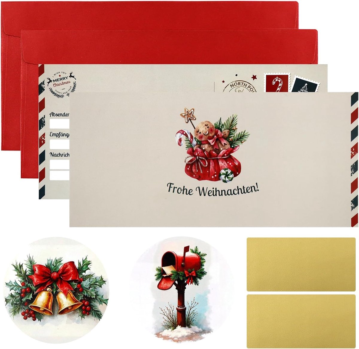 2 kerstcadeaubonnen, kerstkaart met krasstickers/envelop, Kerstmis, verrassingscadeau, waardebon, bioscoopbon, verjaardag, vliegticket, reisvoucher (rood)