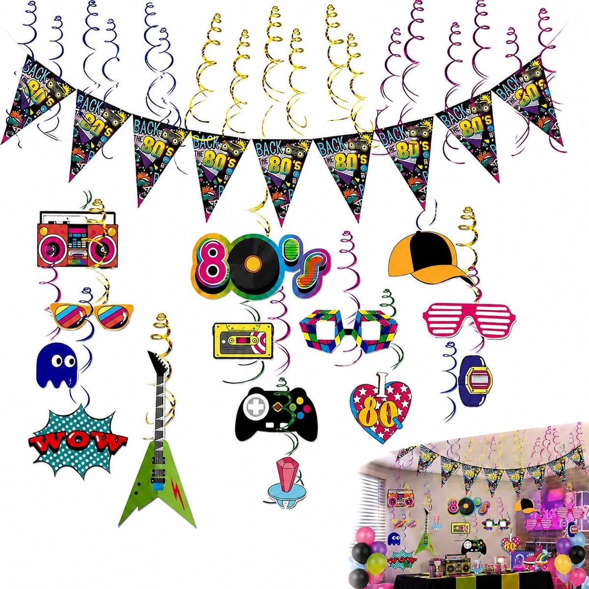 70's Disco Party Decor Set – 15 Hangende Swirls, 10 Triangulaire Vlaggen, en 18 Decoratieve Spiralen voor Retro Feestjes – Hippe Vintage Verjaardagsdecoratie voor 70's Disco Thema, Kleurrijk