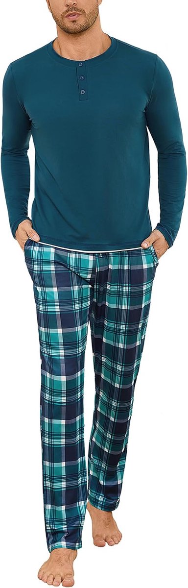 Pyjama voor heren, winter, nachtkleding, pyjamaset, ronde hals, lange mouwen en geruite broek, S-4XL