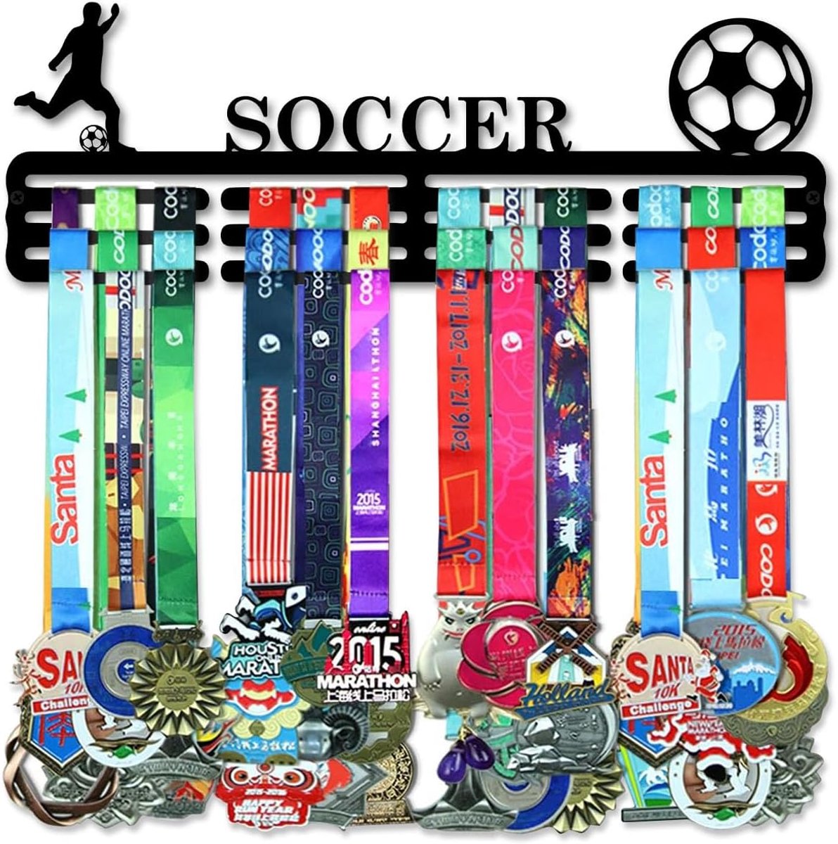 Medaillehangers, displayhouder, rek, wandmontage, stalen frame, meer dan 60 medailles, sport-medailles, hangers, racks, bib ribbon met Easy Hanging bars, zwart, 3 lijnen
