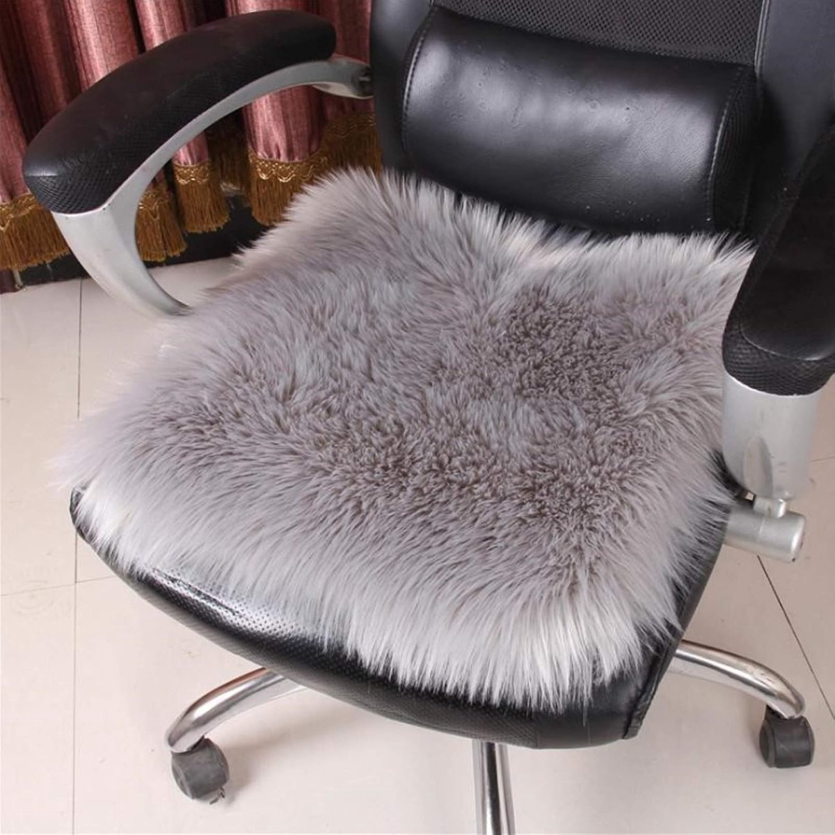 Fur Schapenvacht Zijdeachtige Zitkussen, Home Decor Lange Wol Gebied Tapijt, Zachte Pluizige Pluche Stoel Zitkussens Universele Fit Thuiskantoor Restaurant Stoel-Grijs 15,7 "x15,7"