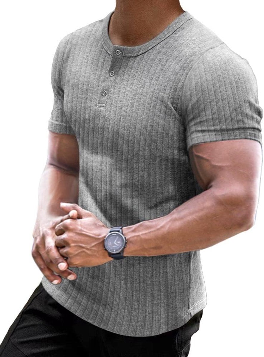 Cmdr Muscle Henley Shirt voor heren, lange mouwen, slimfit, vrijetijdsshirt van katoen met korte / lange mouwen, slanke pasvorm, geribbeld overhemd