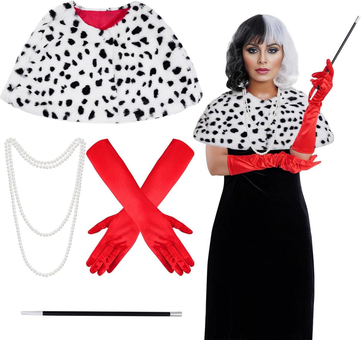 Baotongle Halloween Dalmatin-kostuum voor dames, jaren 20, rode handschoen, faux parels, halsketting, zwart, wit, grijze dalmatiin, sjaal, stola voor volwassenen, voor cosplay