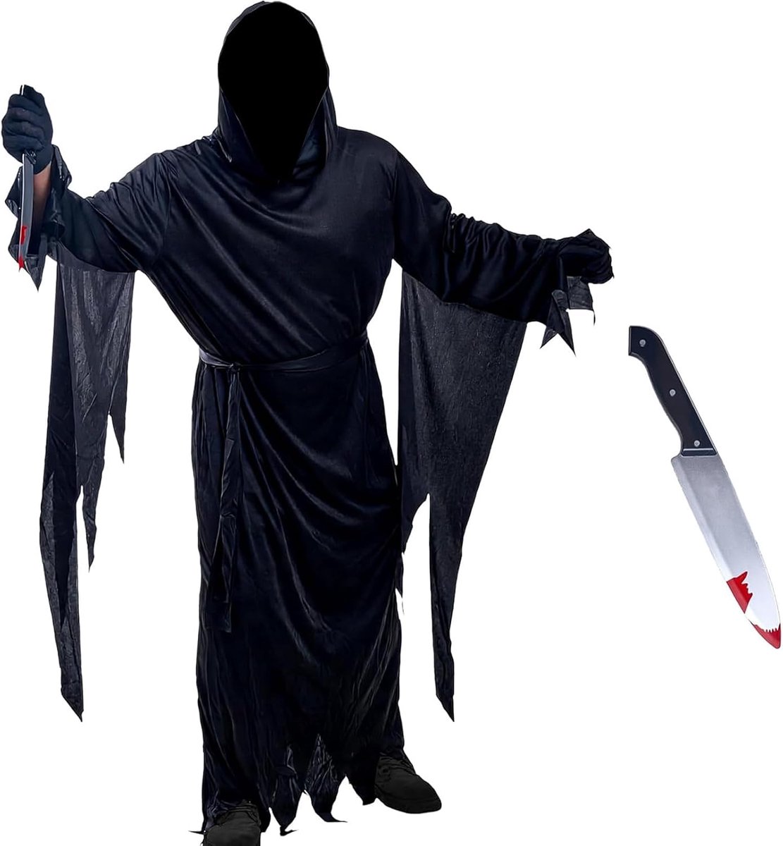 5-Delige Ghostface-Kostuumset voor Volwassenen:Halloween-Kostuum Heren Griezelige Scream-Film eng Filmmasker (3d-Sponsstructuur) & Bloederig Mes,Halloween Scream-Kostuum Horror Reaper-Kostuums