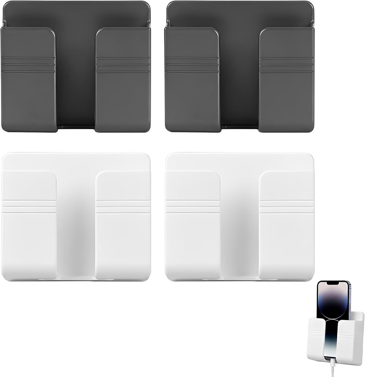 4 stuks telefoonhouders voor wandmontage, smartphone-wandhouder met laadgat, afstandsbedieningshouder voor aan de muur voor bed, badkamer en keuken, 2 zwart en 2 wit