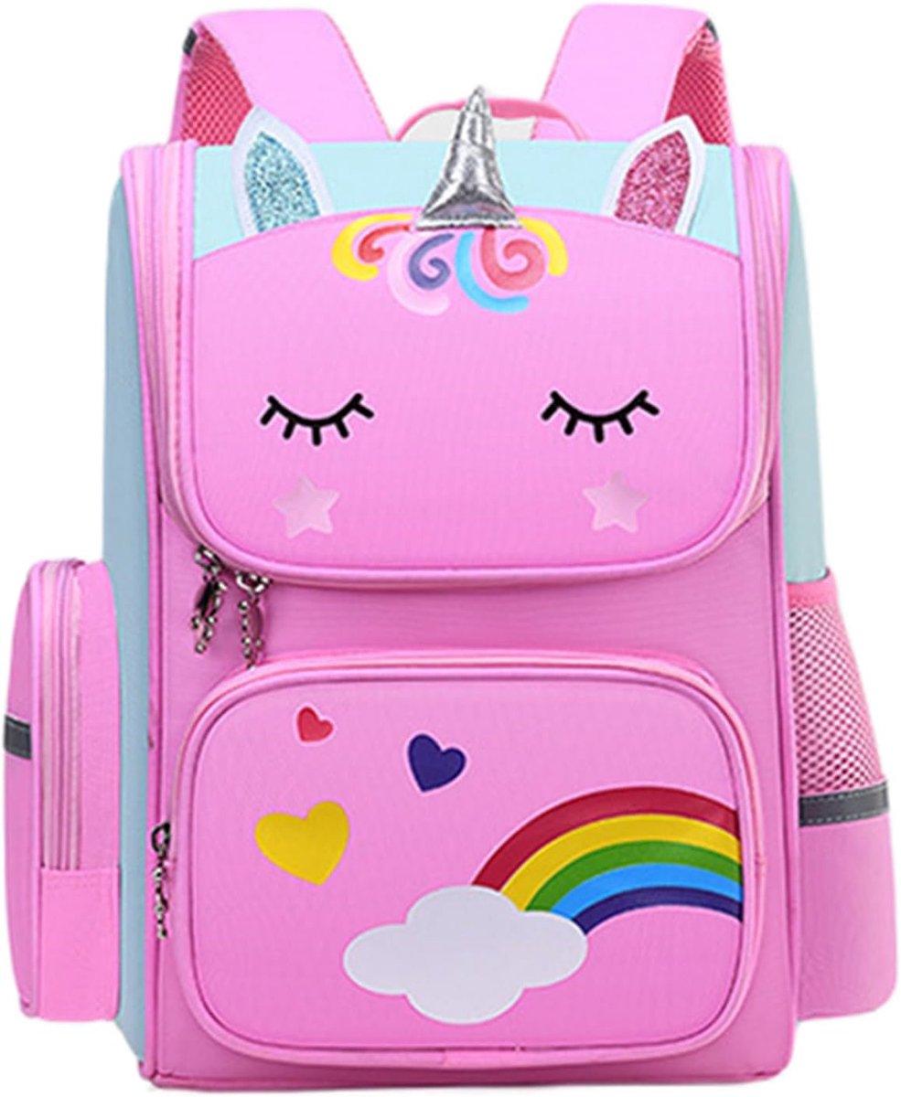 Schoolrugzak, roze met regenboog en harten, boekentas voor meisjes