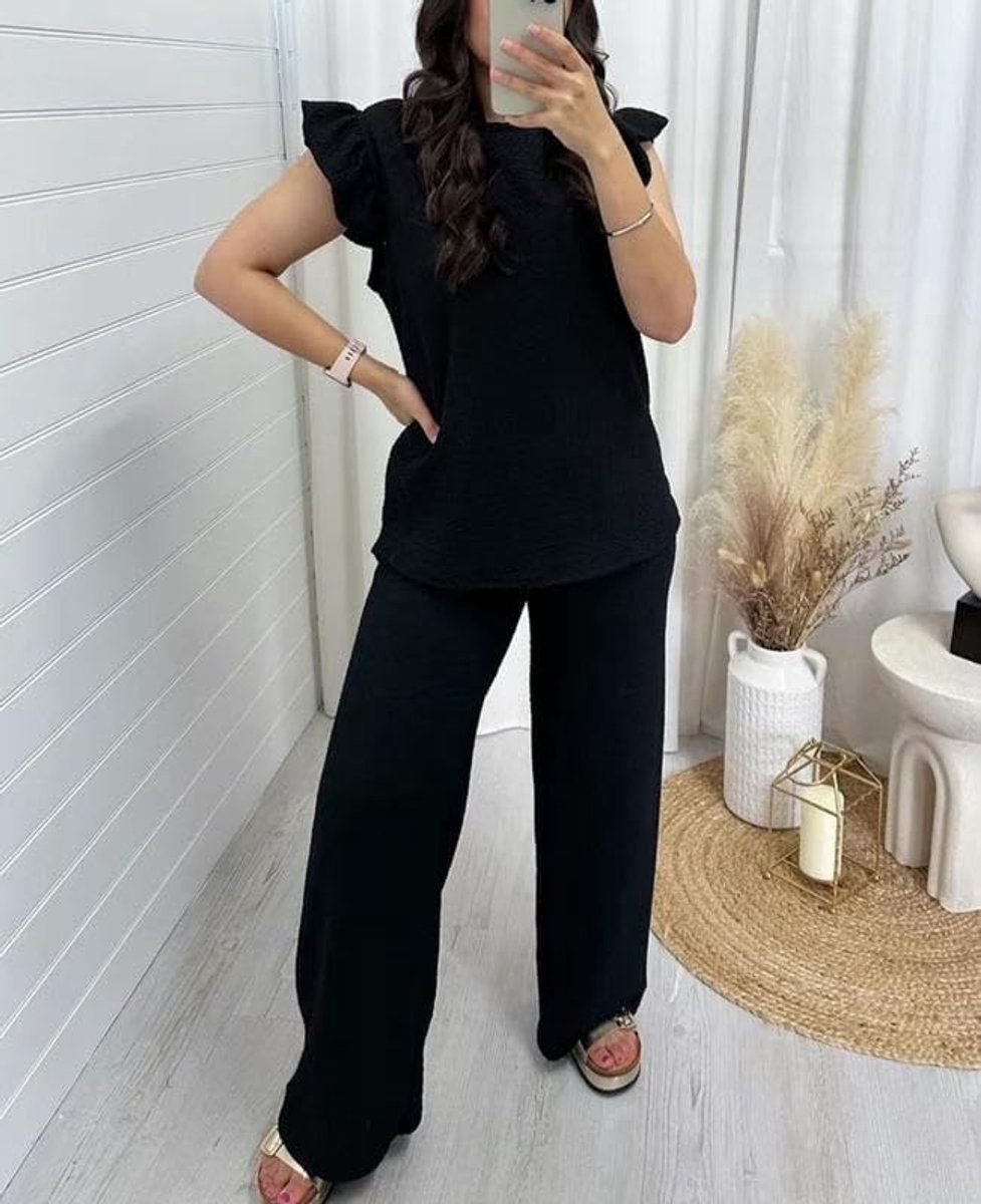 Super Zachte Pop Maïs Materiaal Frill Korte Mouwen Top Broek 2 Stks CO Ord Loungwear Set Comfortabele