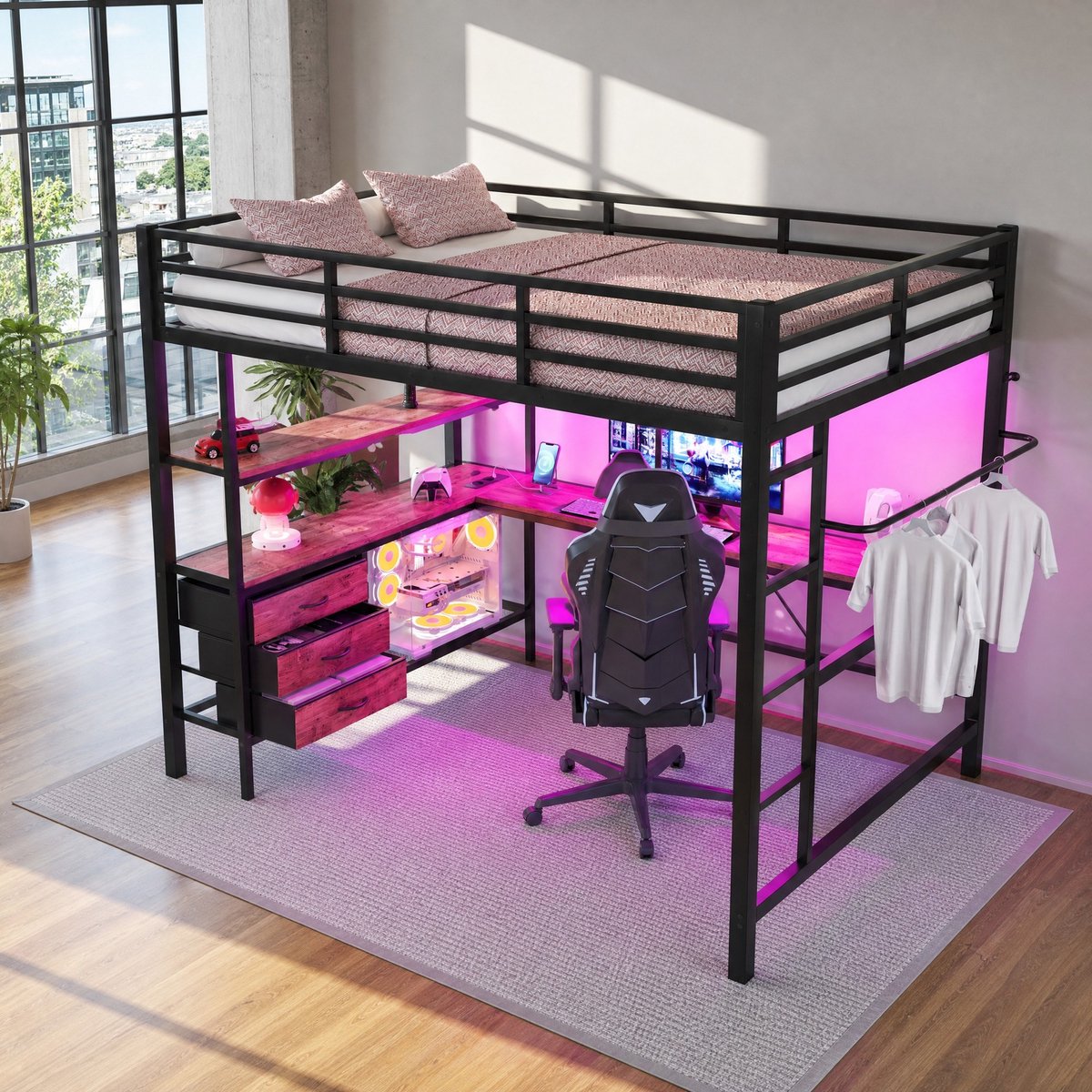 WUVRIE Hoogslaper 140x200 cm met bureau, LED-verlichting, 3 lades, planken en USB, zwart