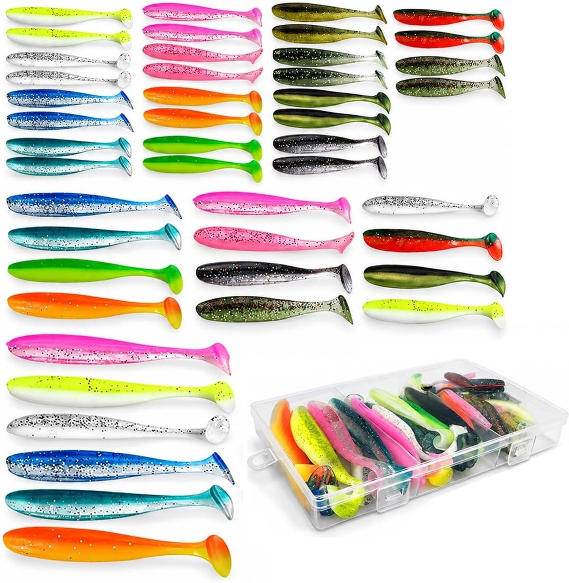 46-delige Rubber Visserslure Set met Reflecterende Sequins voor Snoek, Baars en Forel, Ideaal voor Actieve Visserij en Aasgebruik