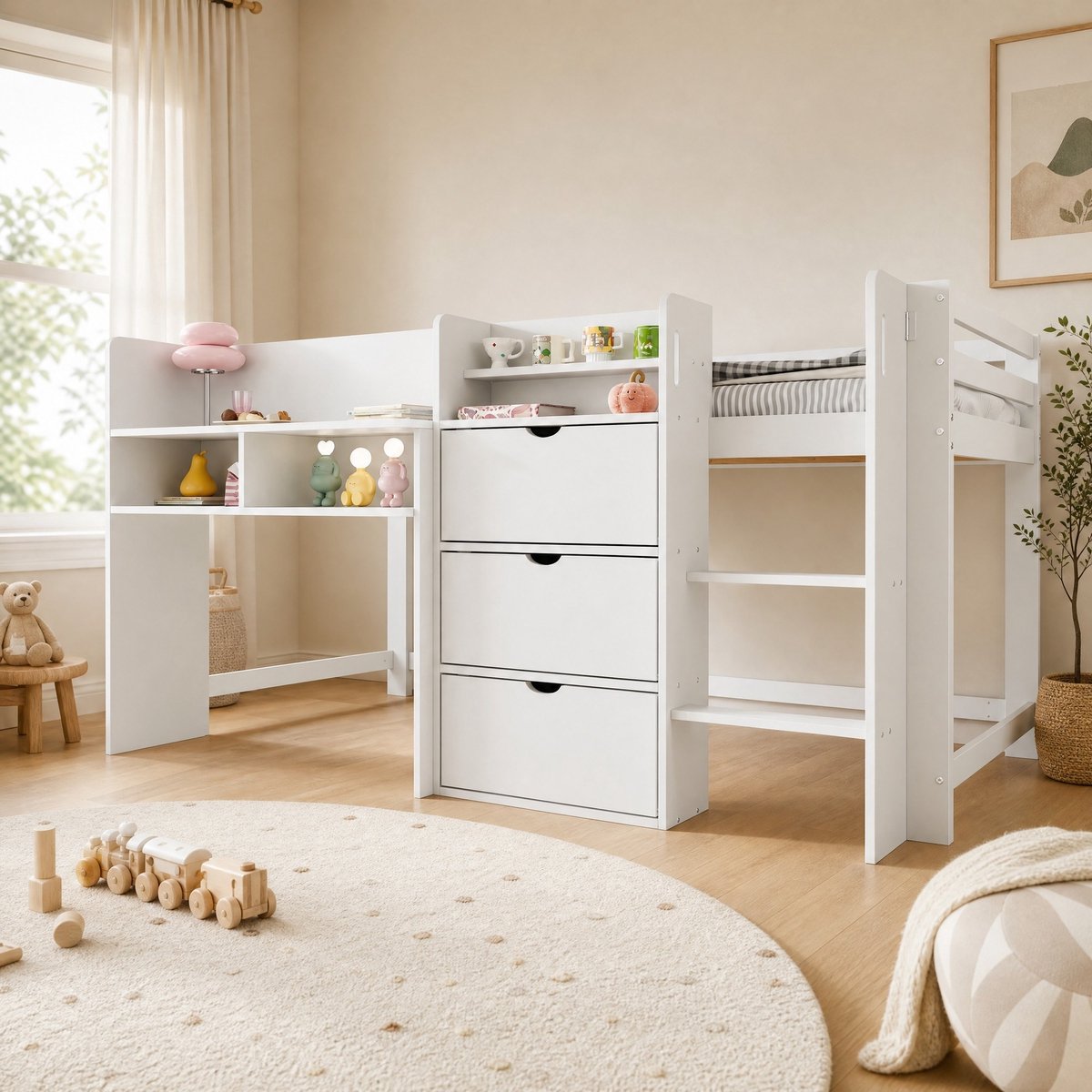 WUVRIE Halfhoogslaper 90x200 cm in huisvorm met opbergvakken, ladder en uitvalbeveiliging, wit