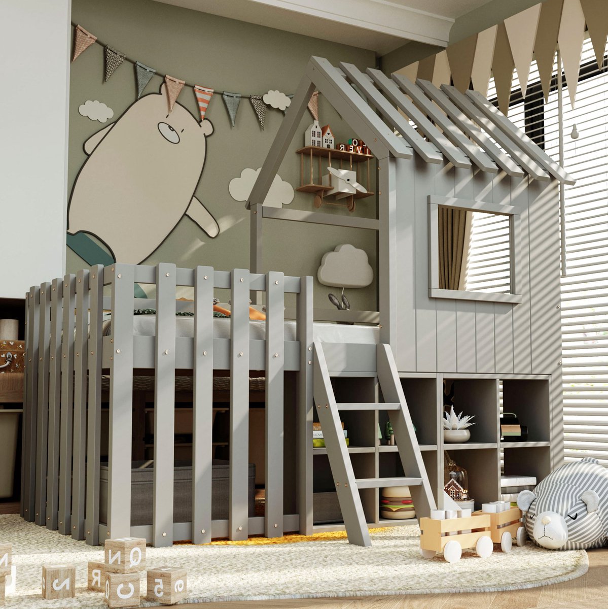 WUVRIE Hoogslaper 90x200 cm met huisbeddesign, ramen, ladder en opbergruimte, grijs