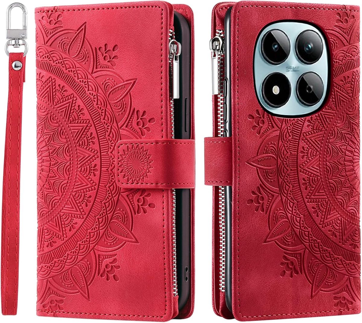 Hoes voor mobiele telefoon voor Xiaomi Redmi Note 15 Pro 5G, klapbare bloemen, telefoonhoes, beschermhoes, klaphoes met kaartenvak, mobiele telefoonhoes, flip, case, standaard, rood