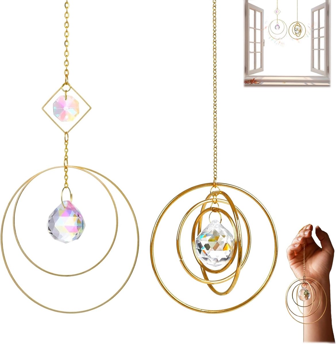 2 Stuks Kristallen Zonnevanger Regenboog Hangend met Galaxie Ringen Prisma Raamdecoratie voor Woonkamer Tuin Balkon