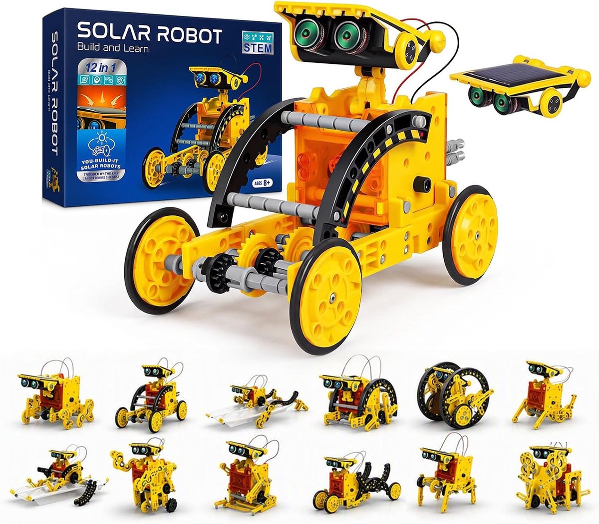 Robot op zonne-energie, speelgoed + jaar, 12-in-1 robot op zonne-energie, speelgoed voor jongens en meisjes + jaar, cadeau voor Kerstmis, verjaardag, Pasen, geel