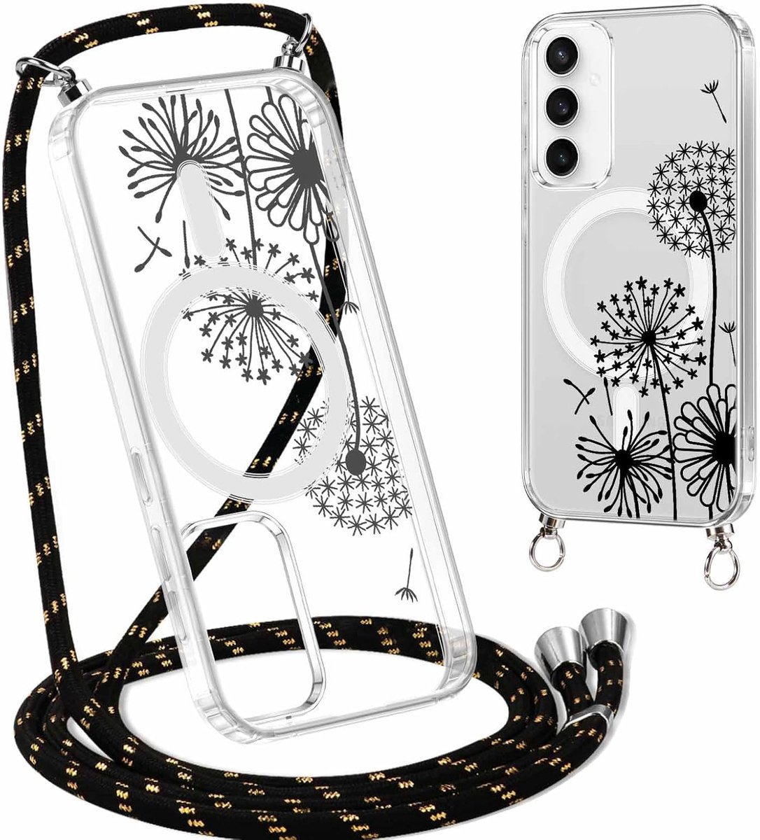 Telefoonhoes met koord voor Samsung Galaxy S24+ 5G 6,7 inch (17 cm), compatibel met MagSafe, esthetisch, transparant, van siliconen en moeilijk breekbaar polycarbonaat, inclusief