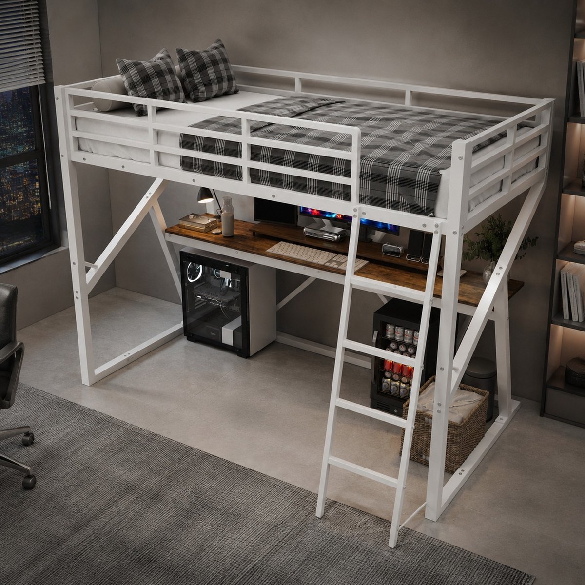 WUVRIE Hoogslaper 90 x 200 cm met bureau, ladder, uitvalbeveiliging en LED-verlichting, wit
