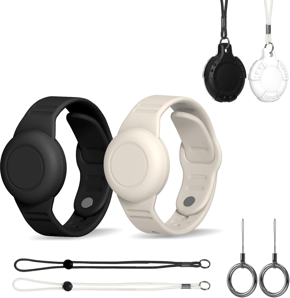 beschermhoes voor de AiTag 1e & 2e generatie, complete set met armbanden, houders & toebehoren. Schok- en krasbestendig, ideaal voor kinderen en volwassenen (zwart & ivoor + zwart & wit)