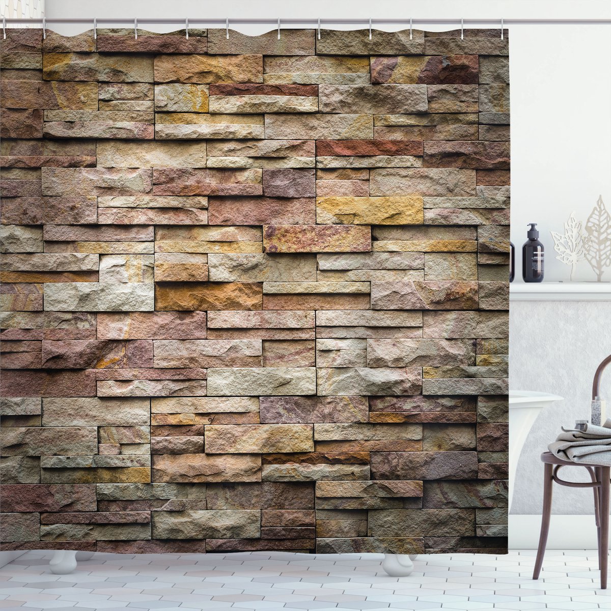 ABAKUHAUS Marmer Douchegordijn, Städtische Brick Slate Wand, Stoffen Badkamerdecoratieset met Haken, 175 x 200 cm, Meerkleurig