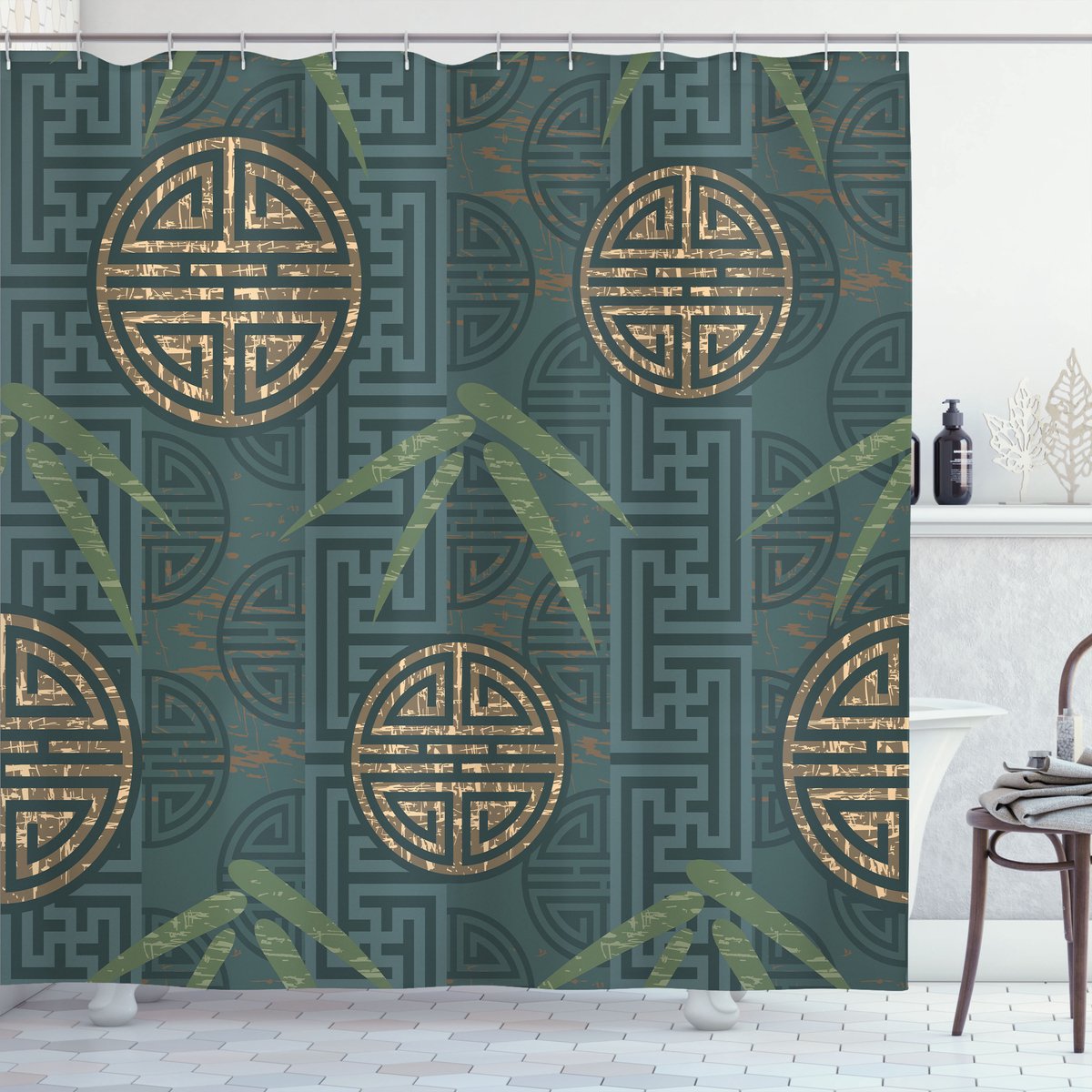 ABAKUHAUS Bamboe Douchegordijn, Motief, Stoffen Badkamerdecoratieset met Haken, 175 x 220 cm, Blauwgroen Ivoor Lichtbruin