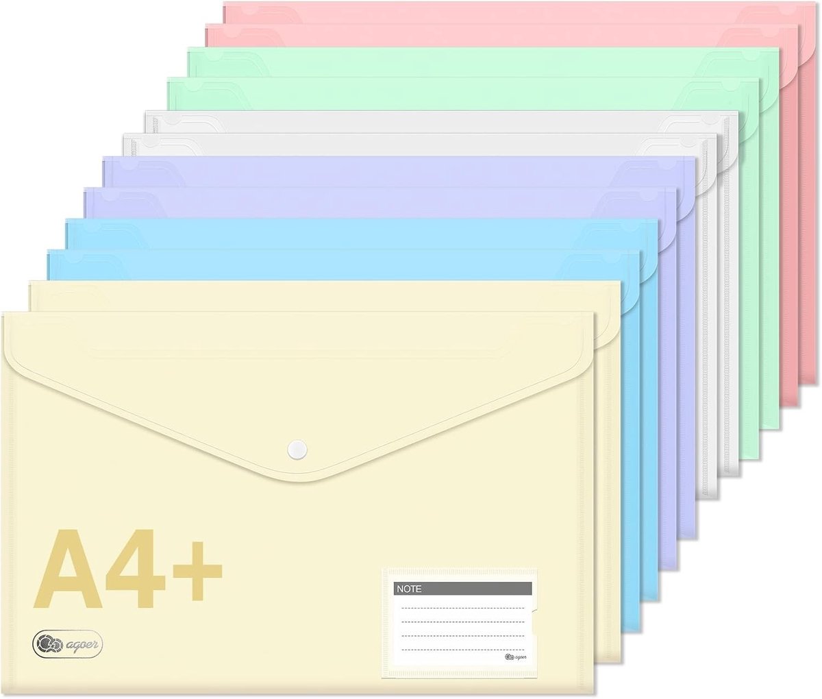 Documententas A4 Set van 12 Stuks in 6 Kleuren - Semi-transparant met Drukknop, Ideaal voor Organisatie en Opslag