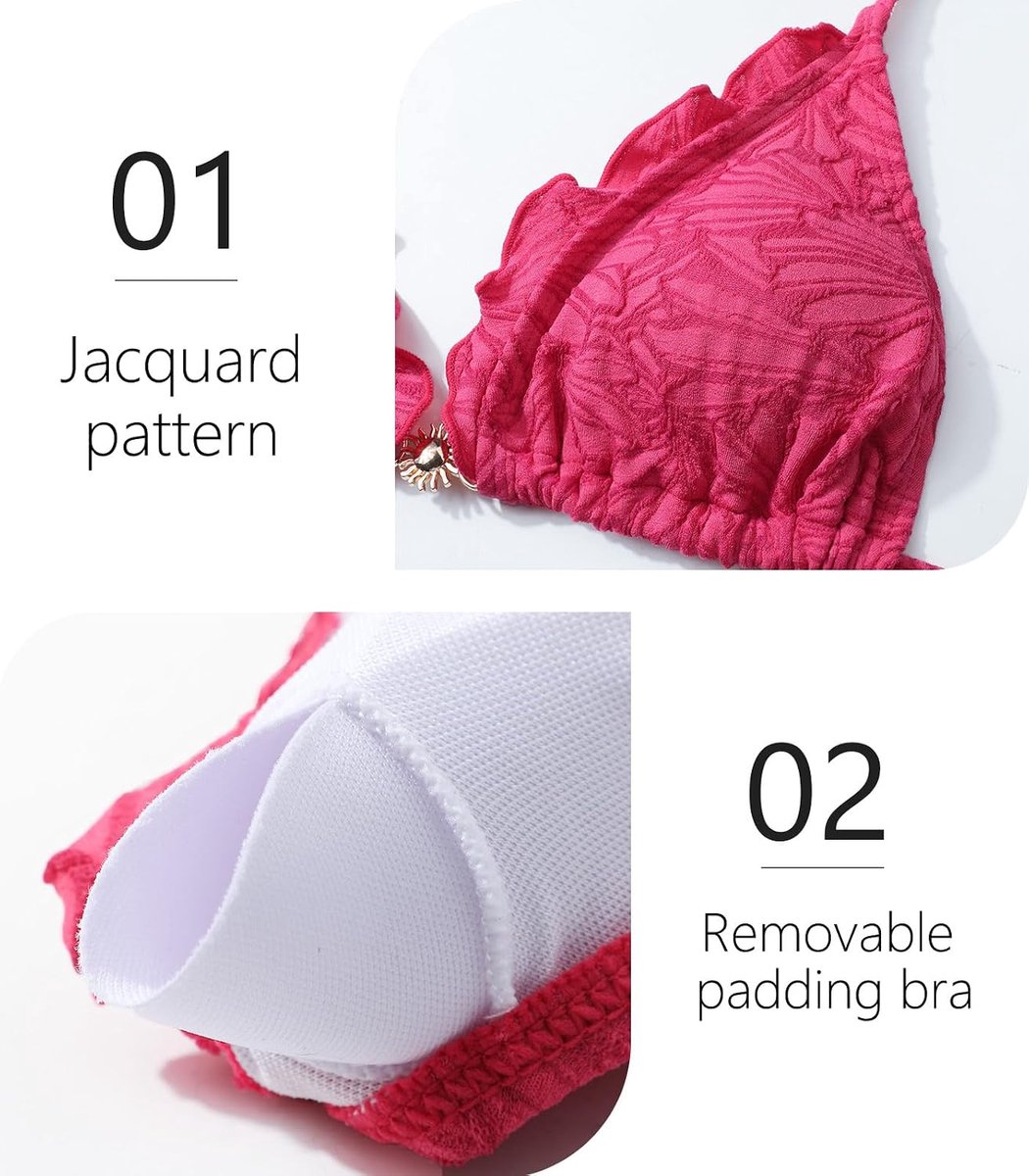 Bikiniset voor dames, nekhouder, triangel-bikinitop, bikinibroekje met trekkoord, lage taille, badpak met jacquardprint, gouden sluiting, tweedelig badpak