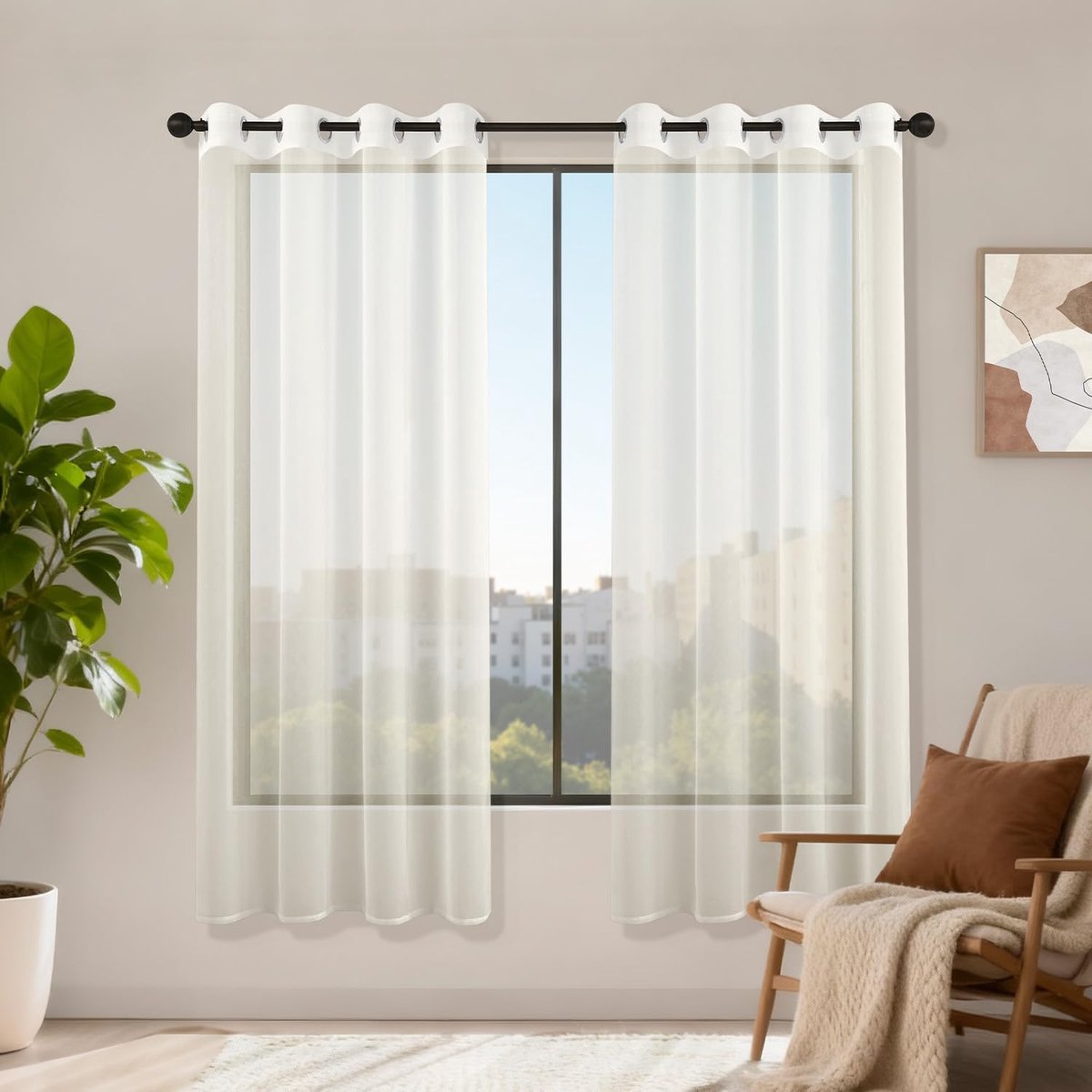 Beige 120 x 180 cm, set van 2 Vitrage Raamgordijn Kort Transparant met Oogje, Moderne Binnendecoratie voor Woonkamer, Slaapkamer, Keuken, Glazen Schuifpui, Lichtfiltering
