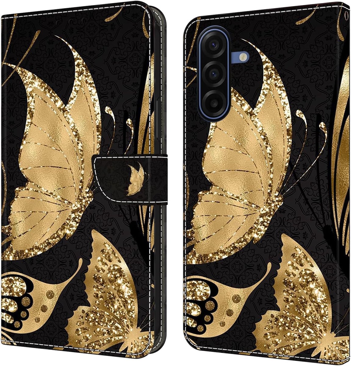 Hoes voor mobiele telefoon, compatibel met Samsung Galaxy A57 5G, hoes van PU-leer, klaphoes met standaard en kaartenvakjes, beschermhoes, portefeuille, case, cover, gouden vlinders
