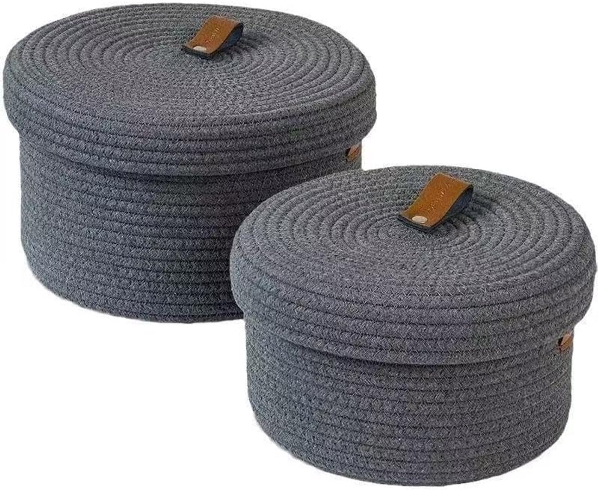 2 stuks opbergmanden met deksel, rond, katoenen draad, gevlochten met deksel, wasbare decoratieve mand, multifunctionele organizer voor planken, woonkamer en badkamer (jute donkergrijs)