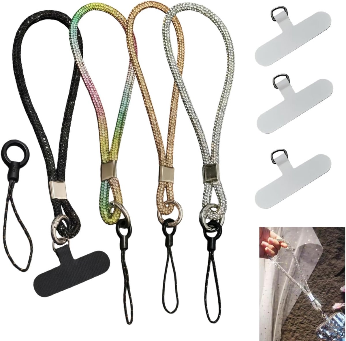 4 stuks luxe diamanten telefoonbanden om om te hangen, polsketting, universeel met strass, polsband, mobiele telefoonketting, kort, voor smartphones, glitter, telefoonkettingen, mobiele