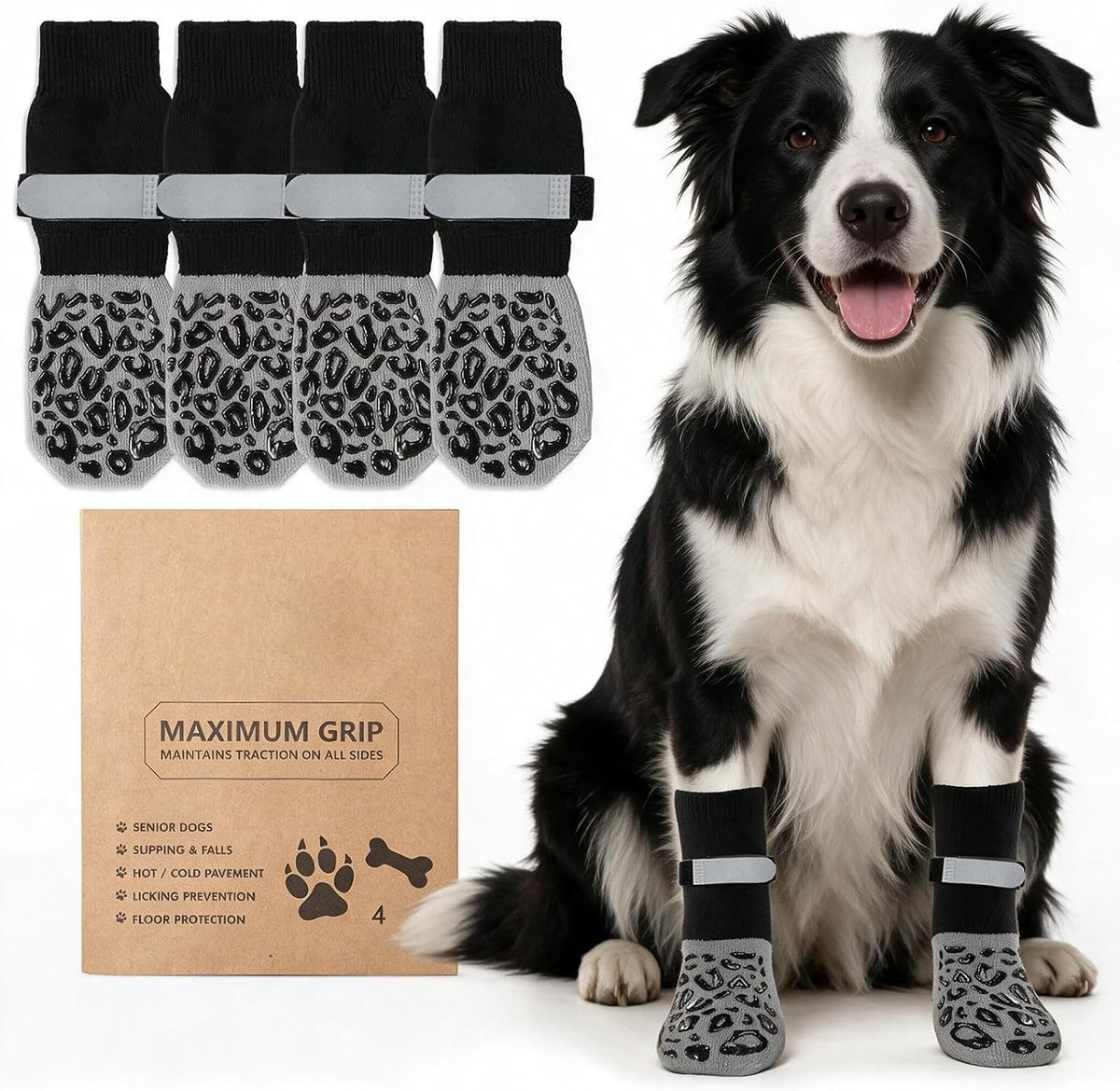 2 Paar Antislip Hond Sokken Dubbelzijdig Antislip Verstelbare Klittenband Sok, Zachte Hondenpoot Beschermingssokken voor Indoor Thuis (Grijs, L)