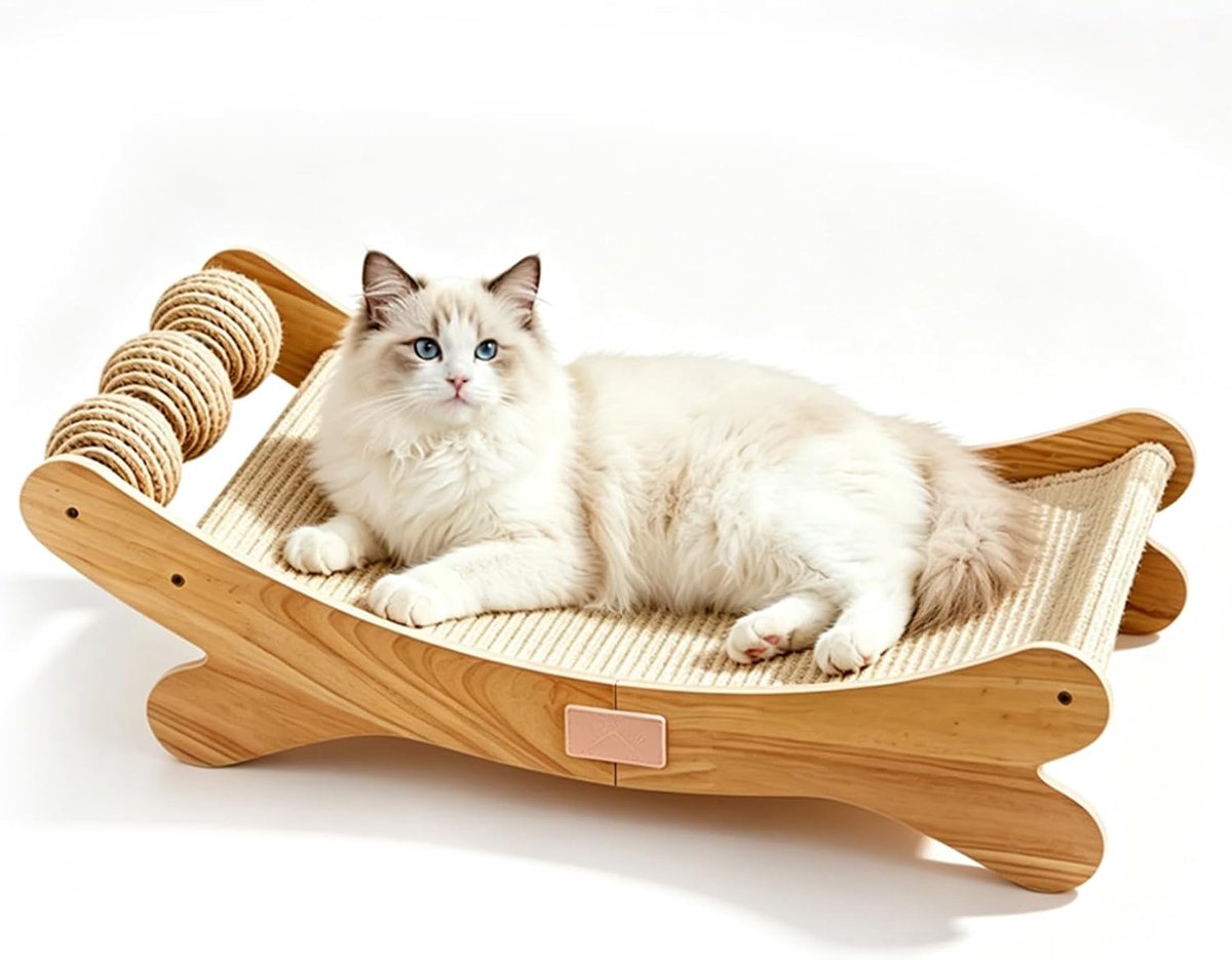 Krabplanken kat: krabplanken kat hout 160° gebogen ontwerp, 9mm eikenhout sisal krabplank met speelbal, kattenkrabmat kattenkrabmeubel voor katten van elke grootte