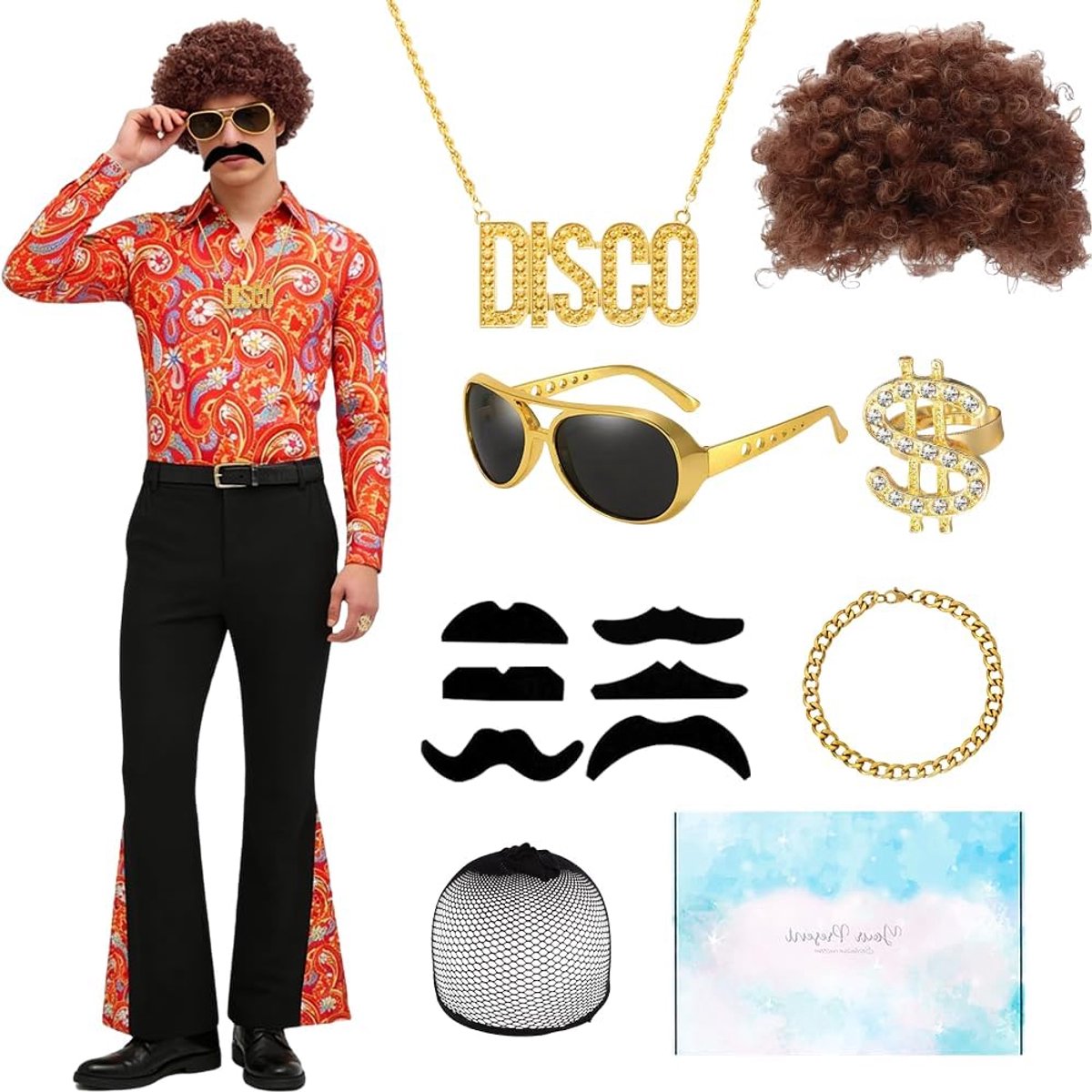 Discokostuum voor heren, discokostuum uit de jaren '70, incl. accessoires voor discotheken en pruik, jaren 70-kostuum, feestkostuum, cosplay, retro, carnaval, Halloween