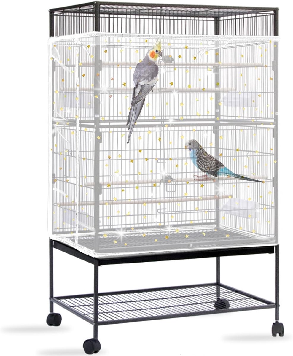 Afdekking voor vogelkooi, net voor vogelkooi, extra groot, zacht, luchtig, voor vogelkooi, instelbare papegaaien, trekkoord, net voor ronde vierkante kooien (wit, paillettenster)