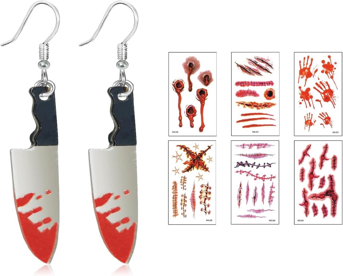 12 stuks Halloween horrorkostuum, accessoireset voor horrorkostuum dames, handschoenen, sokken, oorbellen, stickers voor horrortatoeages, themafeesten, Halloween cosplay kostuum