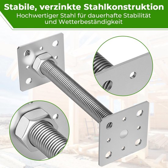 4 x in hoogte verstelbare paaldragers, 80 x 80 x 250 mm, zilver, thermisch verzinkte steunpoot, bodemplaat om vast te schroeven, voor carport, pergola, omheining — afbeelding 4