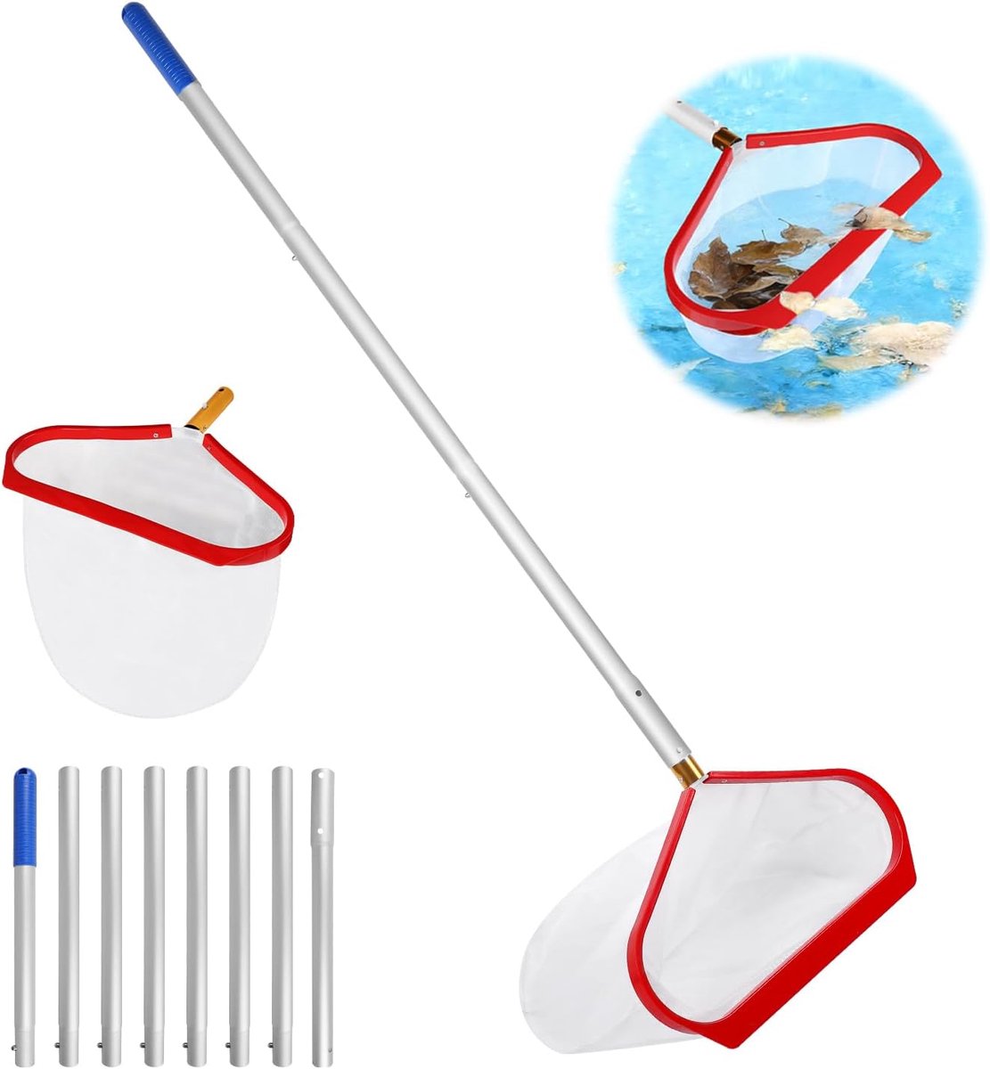Zwembadreinigingsnet met 2,8 m verstelbare stang, zwembadbodemschepnet, bladschepnet voor zwembad, vijver, spa, visvijver, waterpark, type A (rood aluminium frame, wit fijn