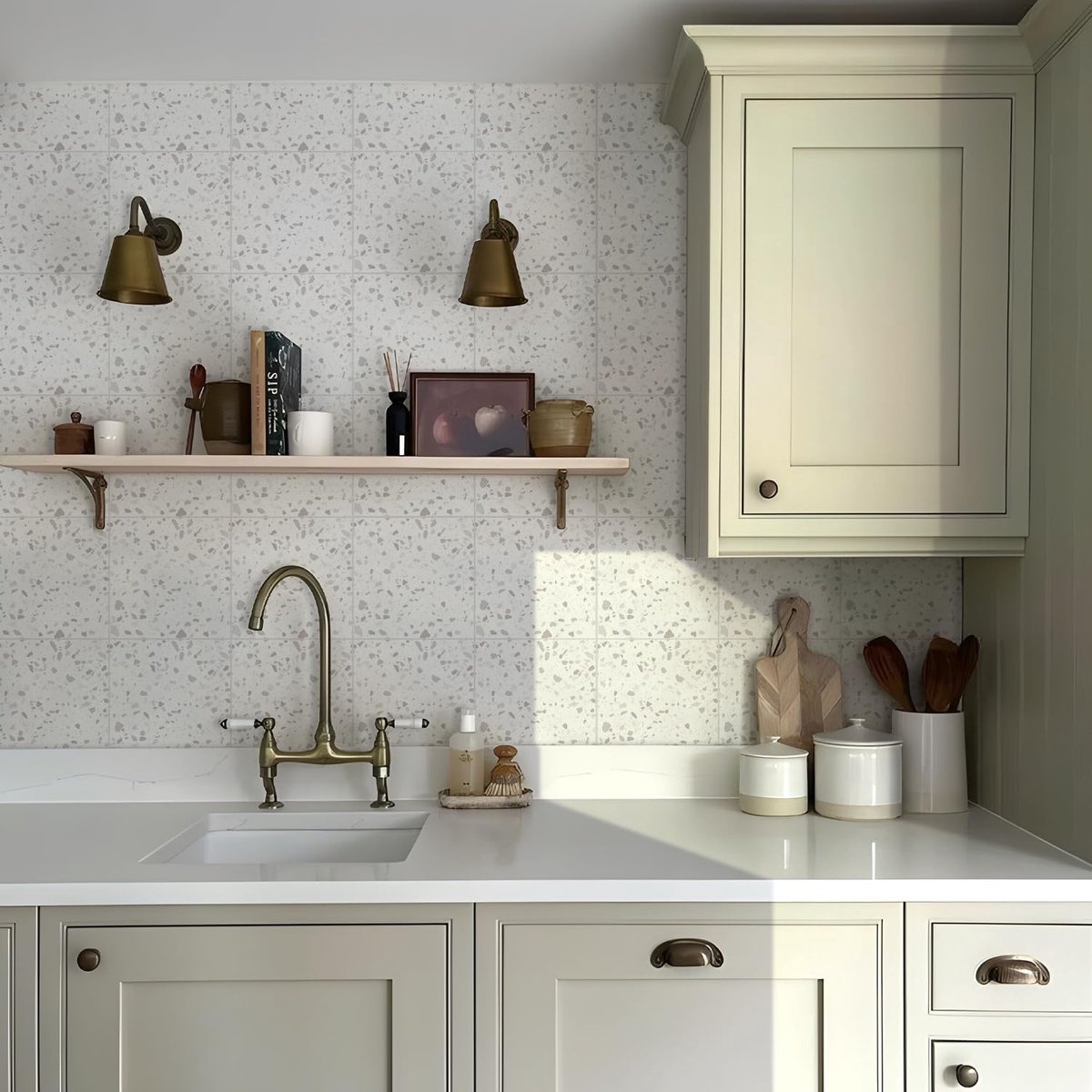 Tegelstickers, witte terrazzo, zelfklevend voor badkamer, keuken, spatwand voor fornuis